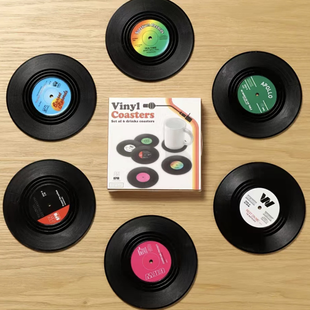 6pcs Record Design Vinyl Coasters With Gift Box, Coffee Tea 4.1"